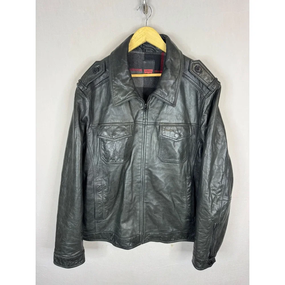 Levis Mens Genuine Leather Cafe Jacket Black Plaid Lined Full Zip Epaulettes XXL